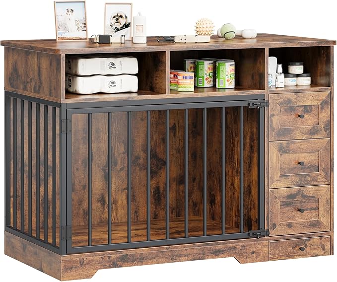 48'' Dog Crate Furniture, Farmhouse Heavy Duty Dog Kennel with Bowl & Storage Drawers, Medium Dog Cage End Table for Small Medium Dogs, Retro Brown
