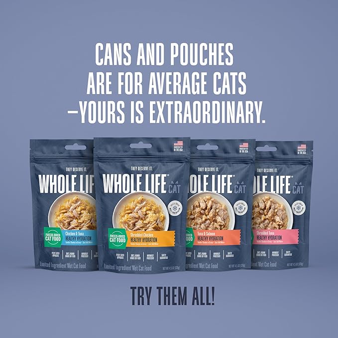 Whole Life Cat Freeze Dried Cat Food - Human-Grade Wet Food Toppers, Single Ingredient Snacks & Lickable Treats, Instantly Hydrating Natural Broth Just Add Water, Made in USA - Shredded Tuna, 3 Oz