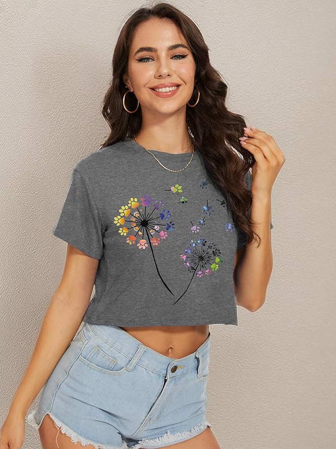 Womens Summer Crop Tops Short Sleeve Round Neck T-Shirts Loose Fit Casual Blouse