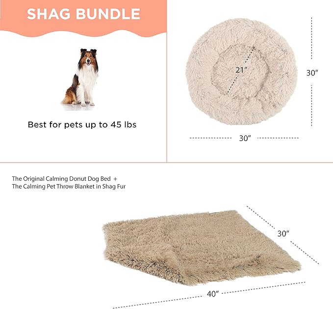 Best Friends by Sheri Bundle Set The Original Calming Shag Donut Cuddler Cat and Dog Bed + Pet Throw Blanket Taupe Extra Medium 30" x 30"
