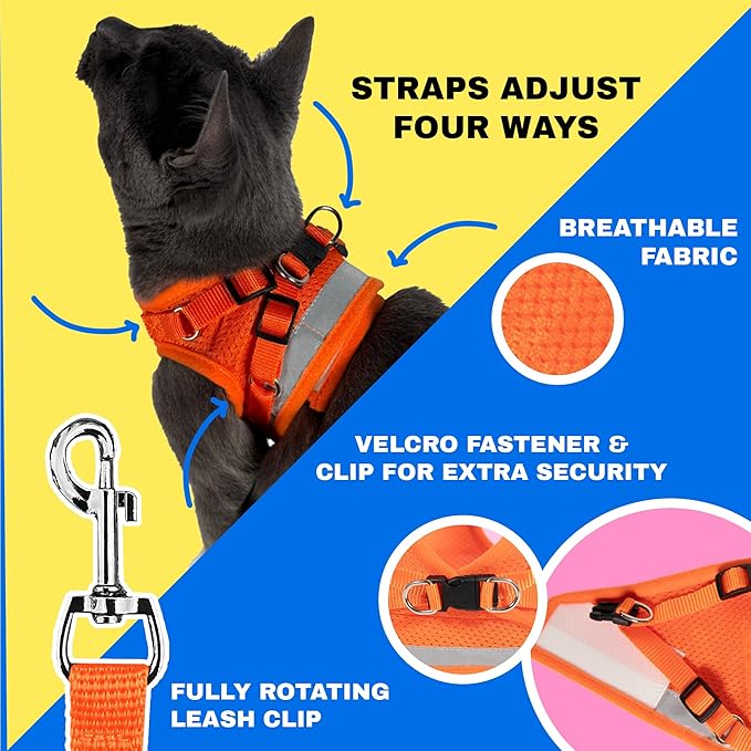 Travel Cat Harness and Leash Set - Adjustable Fit Mesh Cat Harness and Reflective Strap - Comfort Walking Vest for Kitten for Outdoor Walking, Hiking (Medium, Orange)