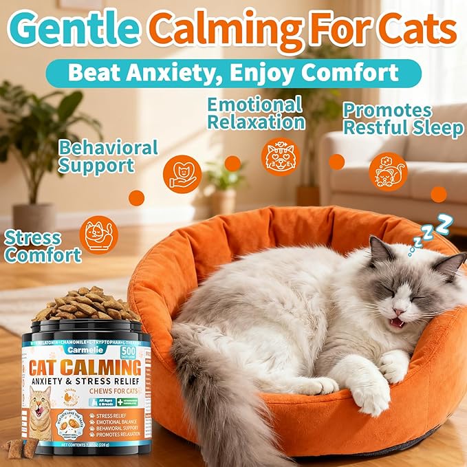 Cat Calming Treats, 500 Crunchy & Creamy Calming Cat Treats with Melatonin, Chamomile for Cats Stress and Anxiety Relief - Travel, Boarding, Vet Visits, Separation Anxiety, Chicken and Krill Flavored