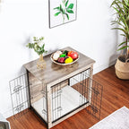 DWANTON Dog Crate Furniture with Cushion, Wooden Kennel Table with Double Doors, Indoor Dog House, Small/Medium/Large/Extra Large Size, 27.2" L, Greige