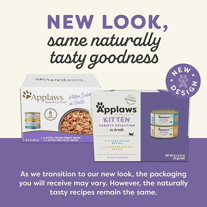 Applaws Natural Wet Kitten Food, Limited Ingredient, Grain-Free, Protein with No Artificial Additives,Variety Pack in Broth (24 x 2.47oz Cans)