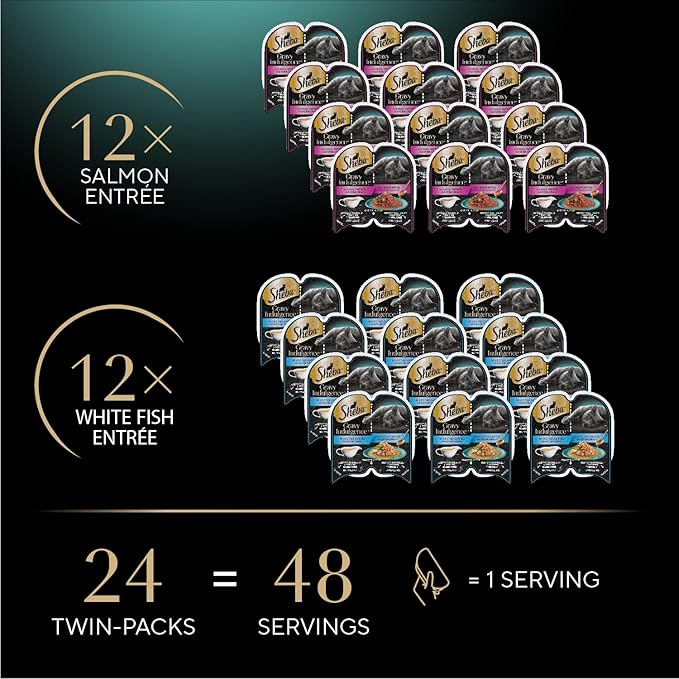 Sheba Gravy Indulgence Adult Wet Cat Food Salmon Entree and Whitefish Entree in Extra Gravy Variety Pack, 2.6 oz. Twin-Pack Trays, (12 Count, 24 Servings) (Pack of 2)