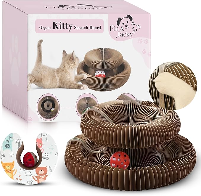 Fin & Jacky Magic Organ Cat Scratcher Board Toy, Upgraded Magnets & Durable High-Density Cardboard for Stability, Eco-Friendly, Kitty Kurlz Round Cat Scratcher, Interactive Indoor Playboard