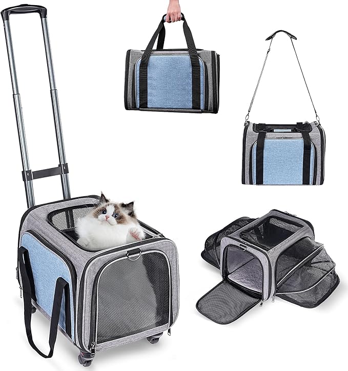 Pet Carrier with Wheels for Cat and Small Dogs: Expandable Airline Approved Rolling Cat Carrier - Cat Carrier Soft for Pets Under 25lbs Travel Plane Trip