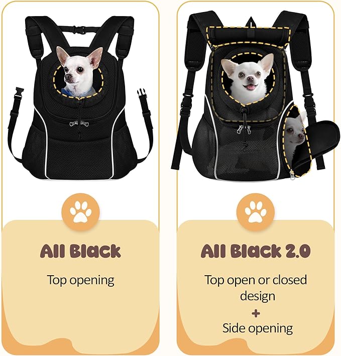 WOYYHO Pet Dog Carrier Backpack with Top and Side Windows, Small Dog Front Backpack Ventilated Dog Back Pack with Safety Belt for Travel Hiking Outdoor Adventures (Size M: 5-9 lbs, All Black 2.0)