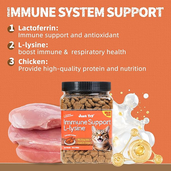 Just Try 16 oz Lysine Cat Treats - Lactoferrin Lysine for Cats Kittens to Support Immune - Cat Allergy Relief - Sneezing, Runny Nose, Watery Eyes -Training Treats