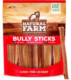 Natural Farm Odor-Free Thin Bully Sticks (6”, 25-Pack) All-Natural Long-Lasting Dog Chews, 100% Beef Pizzle, Grass-Fed, Grain-Free, Protein for Muscle Development & Energy, Perfect for Medium Chewers