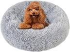 Calming Round Cute Cat & Dog Bed, Anti-Slip Washable Cozy Soft Round Pet Bed, Fluffy Faux Fur Plush Dog Cuddler Bed Fits up to 25 lbs Dogs and Cats(Donut Light Grey, 24inch x 24inch)