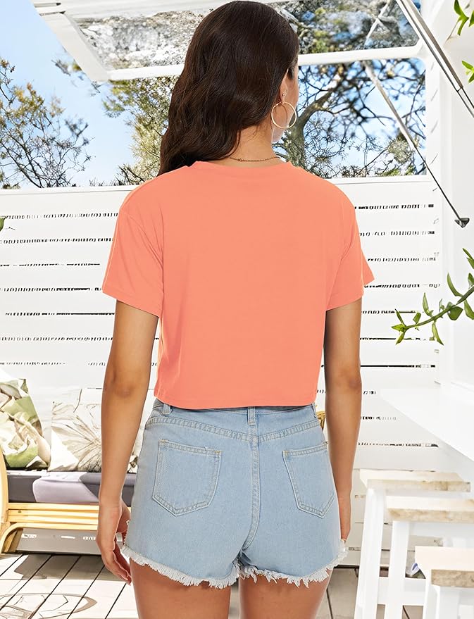 Womens Summer Crop Tops Short Sleeve Round Neck T-Shirts Loose Fit Casual Blouse