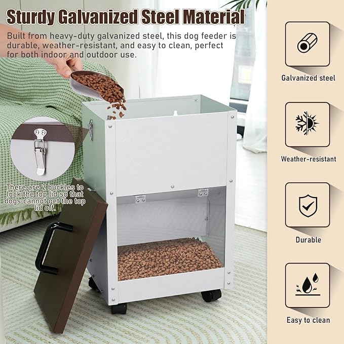 Outdoor Automatic Dog Feeder Large Breed 28 Lbs Capacity, Galvanized Metal Self Feeding Dog Food Dispenser with Clear Door, Gravity Pet Feeder Wall Mountable, Easy to Move with Wheels