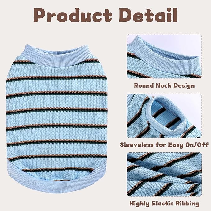 Dog Shirt, Pet Clothes for Chihuahua, Yorkie Teacup Costumes Striped, Small Dogs Sleeveless Tank Top Vest, Breathable Cotton Puppy T-Shirt, Cat Apparel Outfit (Blue, S)
