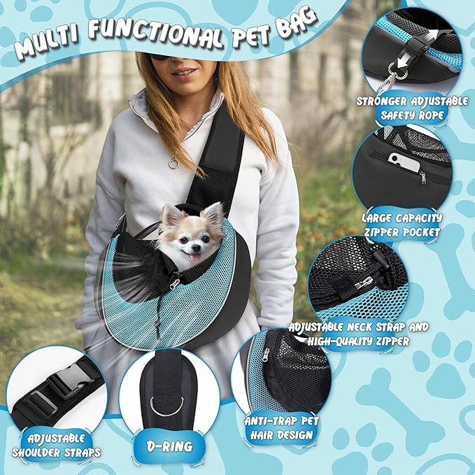 Upgraded Breathable Mesh Dog Sling Carrier for Small Dogs & Cats Up to 10 lbs- Detachable Hard Bottom, Adjustable Strap & Large Pocket - Hands-Free Pet Carrier for Travel Walking Hiking (Cyan Size S)