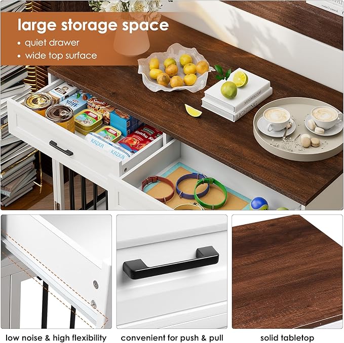 Dog Crate Furniture 47" Wooden Dog Kennels for Dogs Indoor with a Removable Divider for Large/Medium/Small Dogs, 2 Storage Drawers and Large Tabletop Dog Cages Double Doors Dog House, White