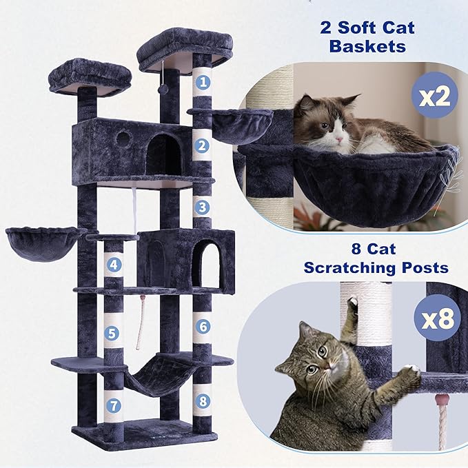 80.7''(205cm) Cat Tree for Indoor Cats, Large Cat Tower for Multi Adult Cats, Cat Tree House with Big Hammock, 2 Top Perches/Cat Condos/Baskets, 8 Scratching Posts, Smoky Gray GCT034G