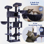 80.7''(205cm) Cat Tree for Indoor Cats, Large Cat Tower for Multi Adult Cats, Cat Tree House with Big Hammock, 2 Top Perches/Cat Condos/Baskets, 8 Scratching Posts, Smoky Gray GCT034G