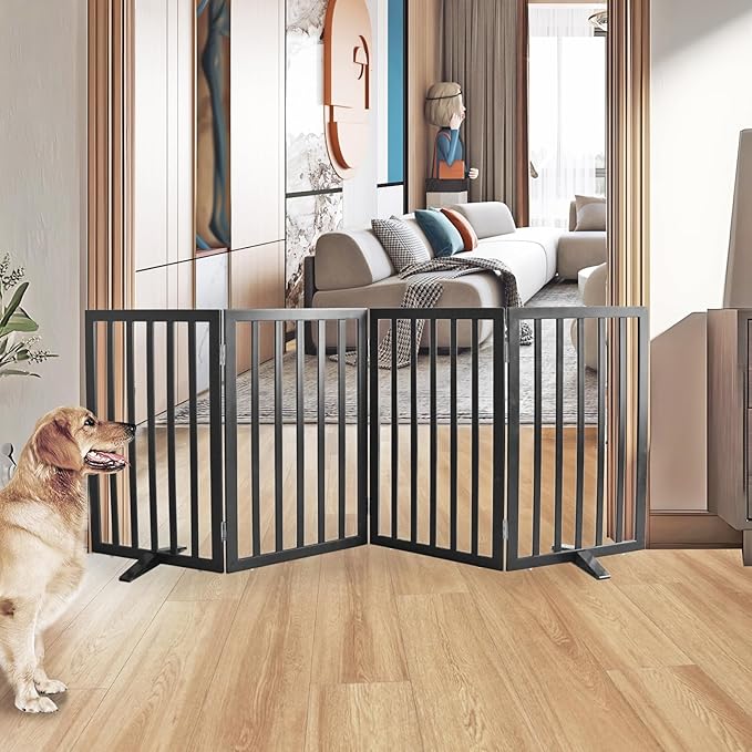ZJSF Freestanding Indoor Dog Gate for House Foldable Wood Puppy Gate for Doorways Pet Gate for Stairs Extra Wide Pet Fence, Black, 32" Height 4 Panels