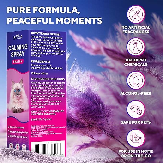 Calming Pheromone Spray & Scratch Repellent for Cats - Reduces Scratching Furniture, Pee - During Travel, Fireworks, Thunder, Vet Zone - Helps with Stress, Fighting, Hiding (60 ml (2 pack))