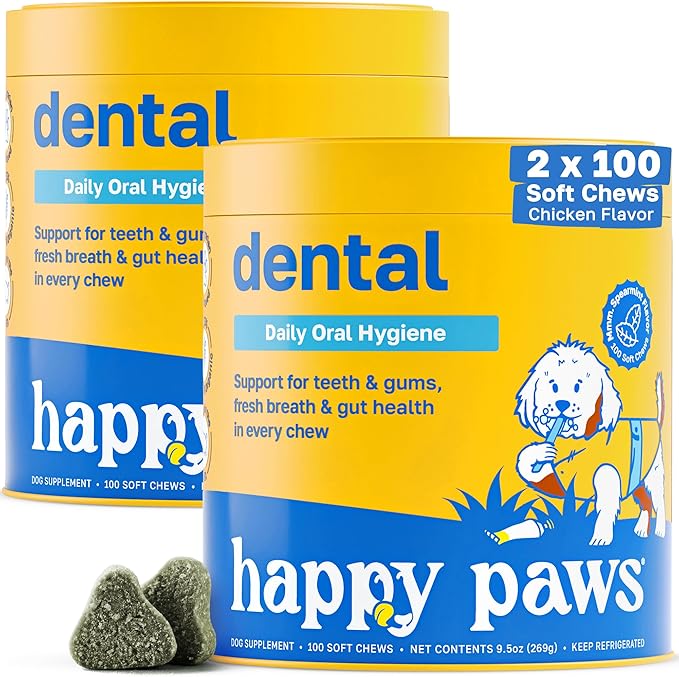 Happy Paws Dental Chews for Dogs, Spearmint Flavor Soft Chews with Coconut Oil, Enzyme Blend, Spirulina, Sea Kelp & P-6 Probiotics, Supports Oral Hygiene, Fresh Breath & Digestive Health, 200 Count