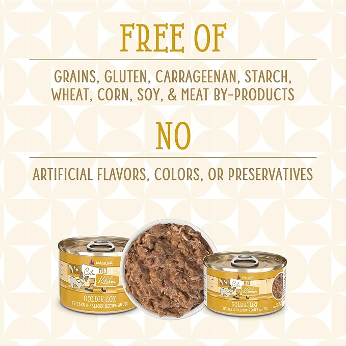 Weruva Cats in The Kitchen, Goldie Lox with Chicken & Salmon Au Jus Cat Food, 3.2oz Can (Pack of 24)