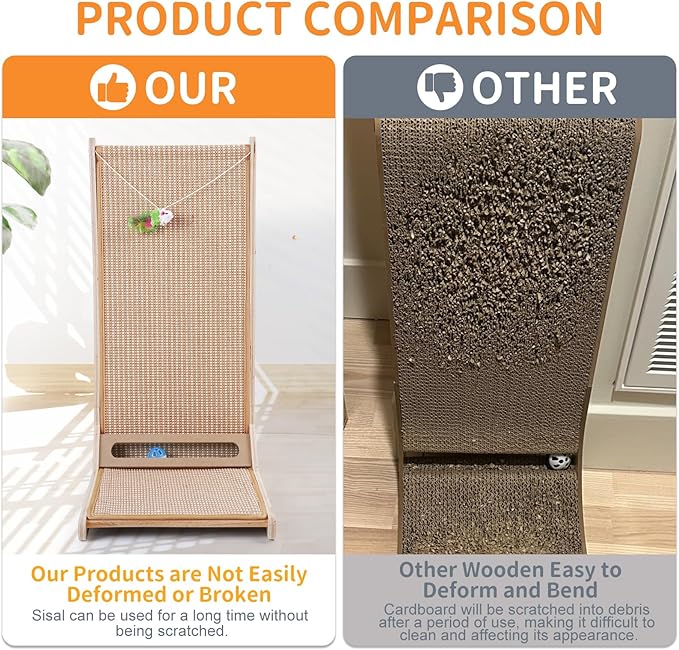 Sisal Cat Scratchers for Indoor Cats, 26.8'' L-Shape Cat Scratching Board, Large Cats Scratching Posts to Protect Furniture, Solid Wooden Cats Scratch Pad with Mouse Toy(Vertical Scratcher)