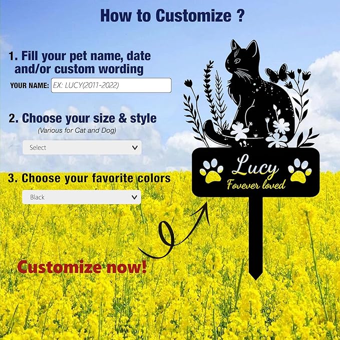 Custom Cat Memorial Grave Marker Stake Personalized Cat Memorial Garden Stake Pet Loss Sympathy Gift Outdoor Memorial Engraved Sign Cat Headstones Metal Sign Pet Plaque Yard Stake