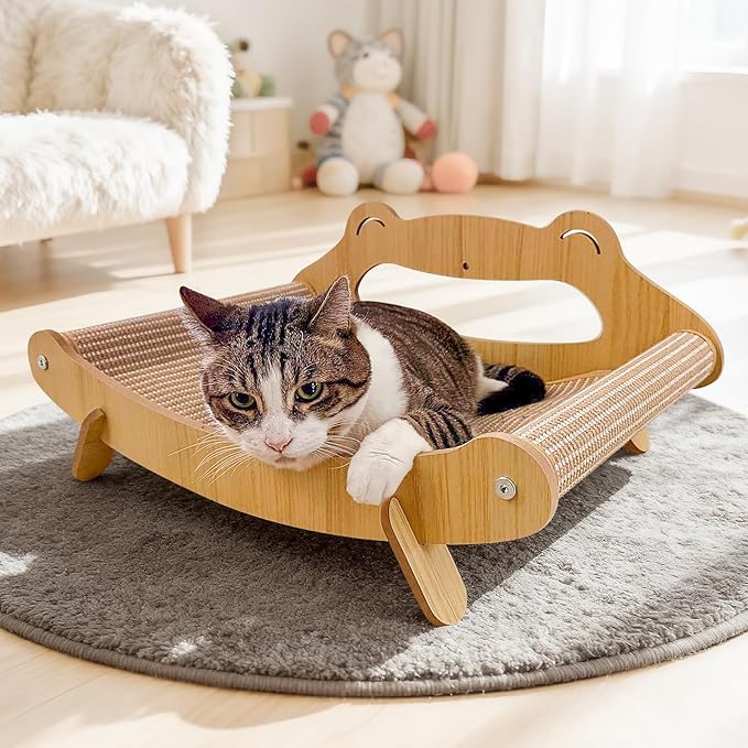 Sisal Cat Scratcher Lounger Bed for Large Indoor Cats – Wooden Cat Scratch Pad, Durable Recliner Chair, Stylish Scratching Couch, 2-in-1 Scratcher & Lounger with Hammock (Large)