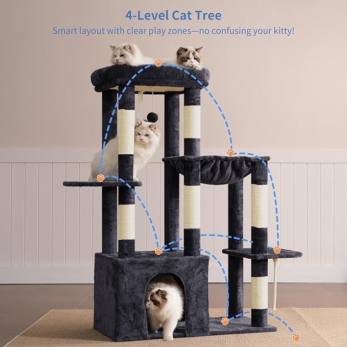 Heybly Heavy Duty Cat Tree, Tower for Indoor Cats Large Adult, Tall Cat Condo House with Extra-Large Baseboard, Multi-Level Plush Furniture with Scratching Posts, Hammock, Toy Ball, Smoky Gray HCT026G
