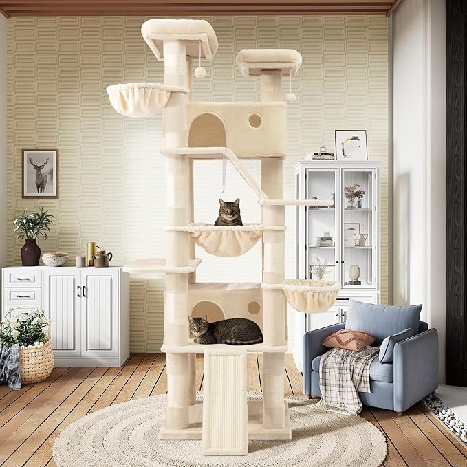 SHA CERLIN 81in Multi-Level Tall Cat Tree Tower for Indoor Kitties/Larger Cat Condo Furniture with Hammock/Cozy Pussycat Perches/Sisal Scratching Posts/Pet House/Wide Base/Beige