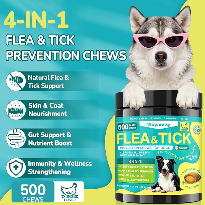 4-IN-1 Flea and Tick Prevention for Dogs, 500 Crunchy Dog Flea Chews, Dog Flea Treatment, Natural Oral Flea Treatment for Dogs, Daily Support for Flea, Skin & Coat, Gut, Immune, Chicken Flavor
