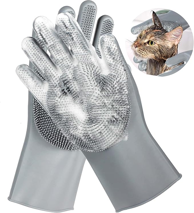 Pet Grooming Gloves，Heat-Resistant Silicone Gloves with High-Density Teeth for Enhanced Massaging and Bathing of Dogs and Cats (Gray, 2 Pair)