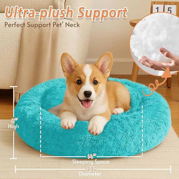JOLLYVOGUE Calming Dog & Cat Bed for Small Dogs, Anti-Anxiety Donut Cuddler Cozy Soft Round Bed with Anti-Slip Bottom, Fluffy Faux Fur Plush Cushion Beds for Small Medium Pets (23")