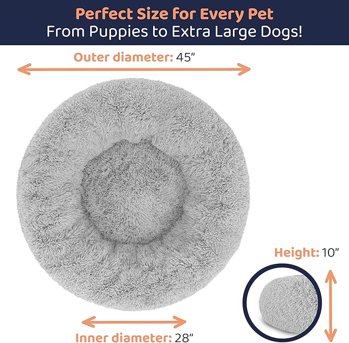 Donut Dog Bed - Premium Comfort for Anxiety Relief - Fluffy & Calming Design with Ultra-Plush Support | Cozy Round Dog Bed with Super Soft Circle Style (Size XL Grey)