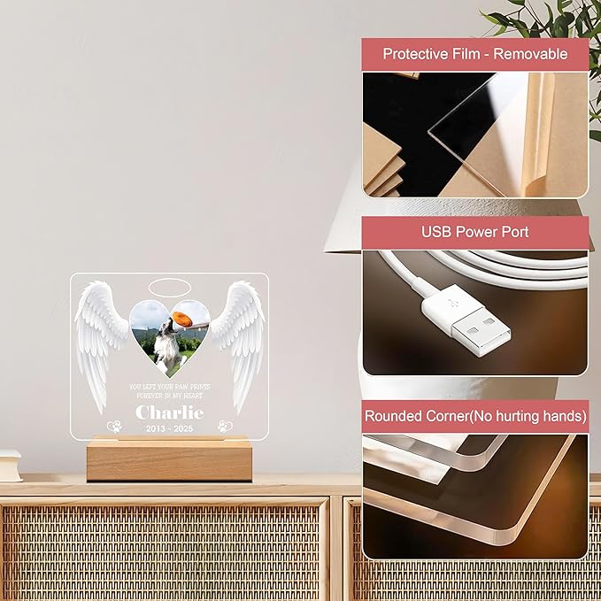 Pet Memorial Night Light – Custom Dog & Cat Loss Gift, Memorial Plaque & Picture Frame (PM #4)