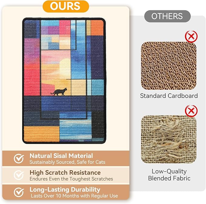 3-in-1 Sisal Cat Scratch Mat 23.6x15.7'' Floor & Wall Cat Scratcher Pad, Protects Carpet Couch & Furniture with Sticker Tape, Anti-Slip, Durable for Indoor Outdoor Cats (Cloudscape)