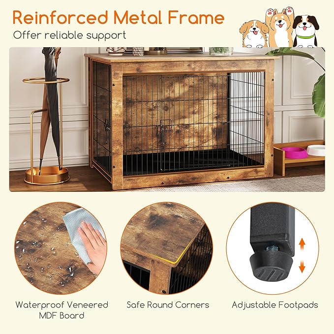 PETSITE Dog Crate Furniture for Medium/Large Dogs, 39" Indoor Pet House Side End Table w/Cushion, Double Doors, Heavy-Duty Chew-Resistant Wood Metal Dog Kennel up to 70 LBS (39 x 26 x 27 Inches)
