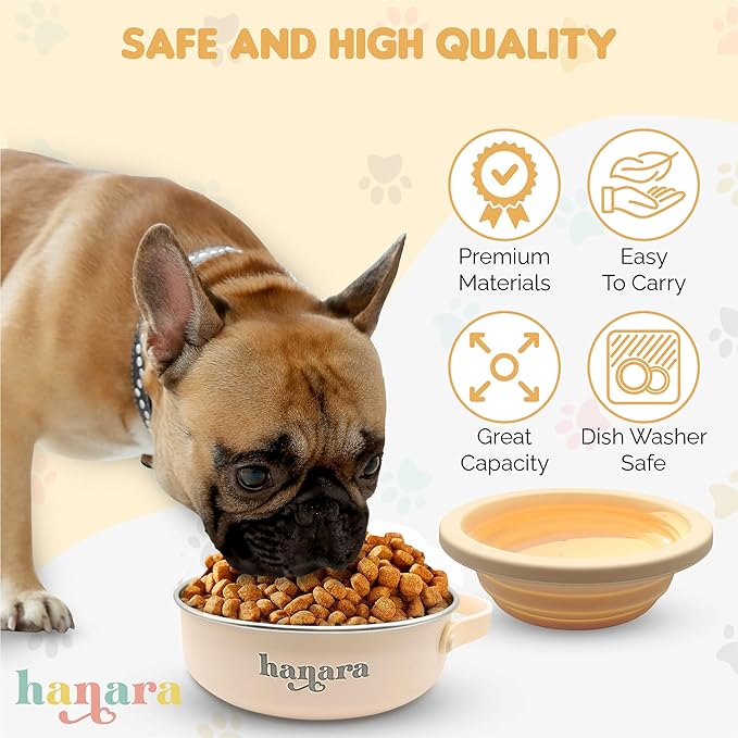 2-in-1 Insulated Dog Bowl with Collapsible Lid & Handle – Stainless Steel, Non-Slip Rubber Base – Portable Pet Water & Food Bowl for Dogs & Cats – 30 OZ + 20 OZ – Indoor & Outdoor (Beige)