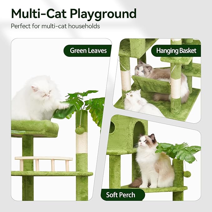 77in Large Cat Tower for Heavy Duty Big Cats, Tall Cat Tree with Leaves - Scratching Post, Two Cat Condos, Soft Hammocks, Padded Perches & Dangling Balls, Green