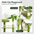 77in Large Cat Tower for Heavy Duty Big Cats, Tall Cat Tree with Leaves - Scratching Post, Two Cat Condos, Soft Hammocks, Padded Perches & Dangling Balls, Green