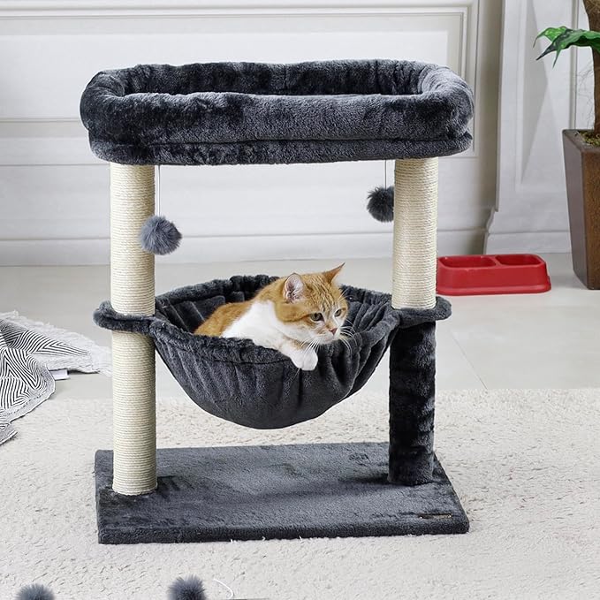24-inch Cat Tree for Indoor Cats & Kittens – Multi-Level Cat Tower with Hammock & Scratching Post – Sturdy Perch for Large Cats – Space-Saving Small Cat Bed (Dark Gray)