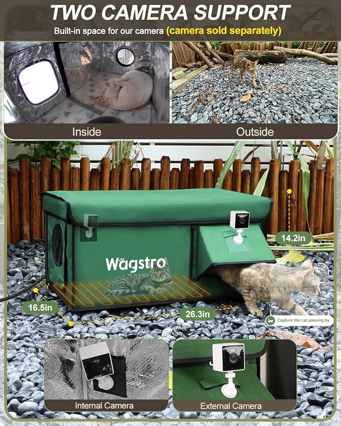 Heated Cat House for Outside, Waterproof Awning & Escape Door Heated Cat Houses for Indoor/Outdoor Cats in Winter, Elevated & Insulated Outdoor Cat Shelter for Feral Cat(Green, 25.2"x16.5"x13")