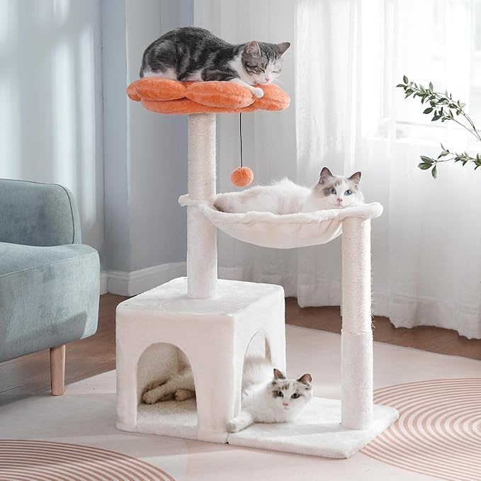 Flower Cat Tree 34" Scratching Post Small Cat Tower for Large Cats,Featuring with 15.7”Large Hammock, Removable Top Bed and Wide Condo for Indoor Cats-Beige