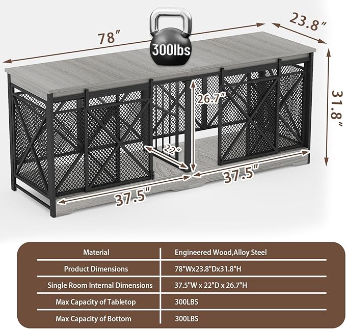 COZPAW 78 Inch Double Dog Crate Furniture, Extra Large Dog Kennel Indoor for Medium Large 2 Dogs, Heavy Duty Dog Cage Chew-Resistant Steel and Wooden Pet House with Removable Divider (Grey)
