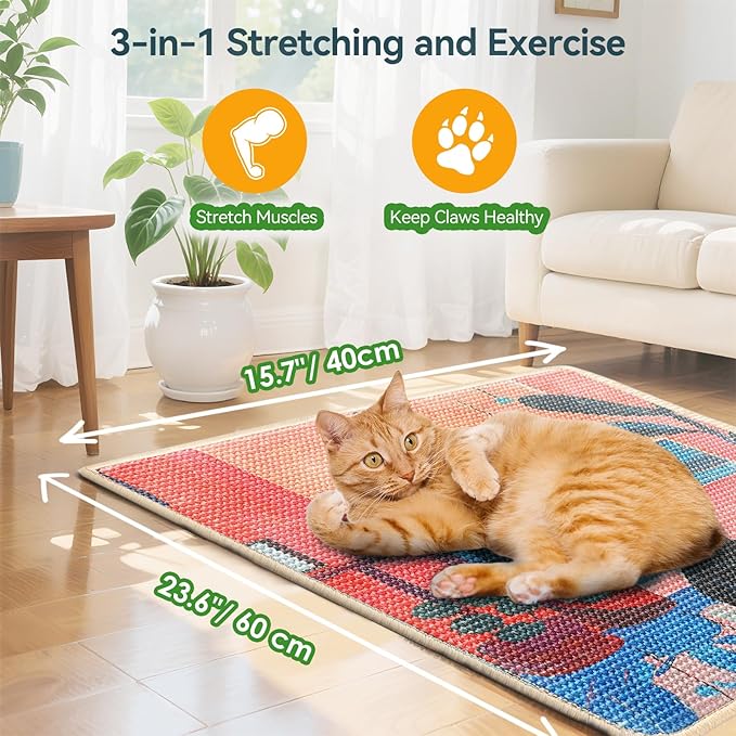 3-in-1 Sisal Cat Scratcher Mat 23.6x15.7 – Durable Scratch Rug Use for Floor & Wall with Adhesive Tape, Protects Couch, Carpet & Furniture, Anti-Slip, Pet-Safe for Indoor/Outdoor Cats, Pink Romance