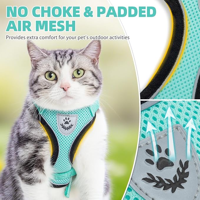 PUPTECK Cat Harness and Leash Set Escape Proof Reflective Cat Walking Harness Adjustable Soft Breathable Mesh Vest for Small Pets, Aquamarine, S