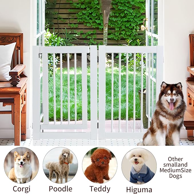 Wooden Freestanding Pet Gate, Pet Gate for Dogs, 29.5inch 4-Panel Wooden Dog Fence with 2 Support, Feet Folding Dog Gate for Indoor, Doorway, Stairs, Kitchen, 81.5“L×30”H (White)
