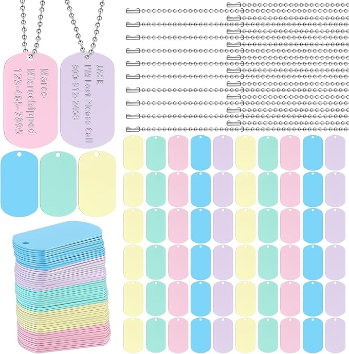Yinkin 200 Pcs Personalized Military Dog Tags Set Including 100 Pcs Aluminum Blank Dog Tags for Engraving 100 Ball Steel Chain Rectangle Metal Blank Stamping Label for DIY Craft(Pastel)