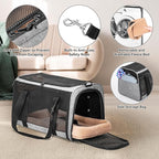 PETSFIT Soft-Sided Cat Carriers & Car Seats with Patent Safe Buckles, Clip-On Harness，18"x11"x11" Airline Approved Pet Carrier - 9 lbs Capacity,Grey